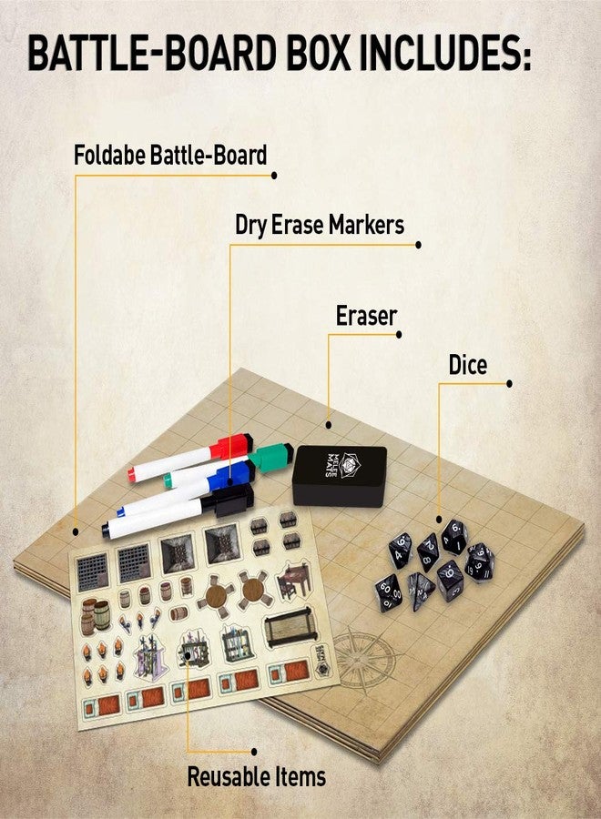 Melee Mats مجموعة خرائط بداية لعبة الاشتباك المباشر DND - 23 بوصة × 27 بوصة، وجهان، قابلة للمسح الجاف والرطب، شبكة تضاريس معركة لألعاب Dungeons and Dragons - مجموعة ألعاب لوحية مع ملحقات - Image 2